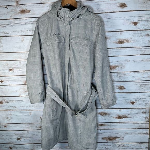 Columbia Checked Long Rain Jacket with Belt and Hood size M - Picture 1 of 13